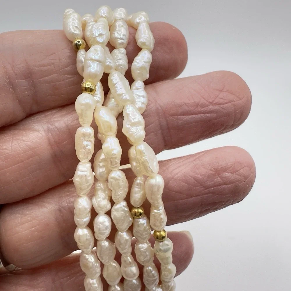 Vintage Multi-Strand Freshwater Rice/Seed Pearl Necklace Gold Tone Clasp 18" - Picture 8 of 14